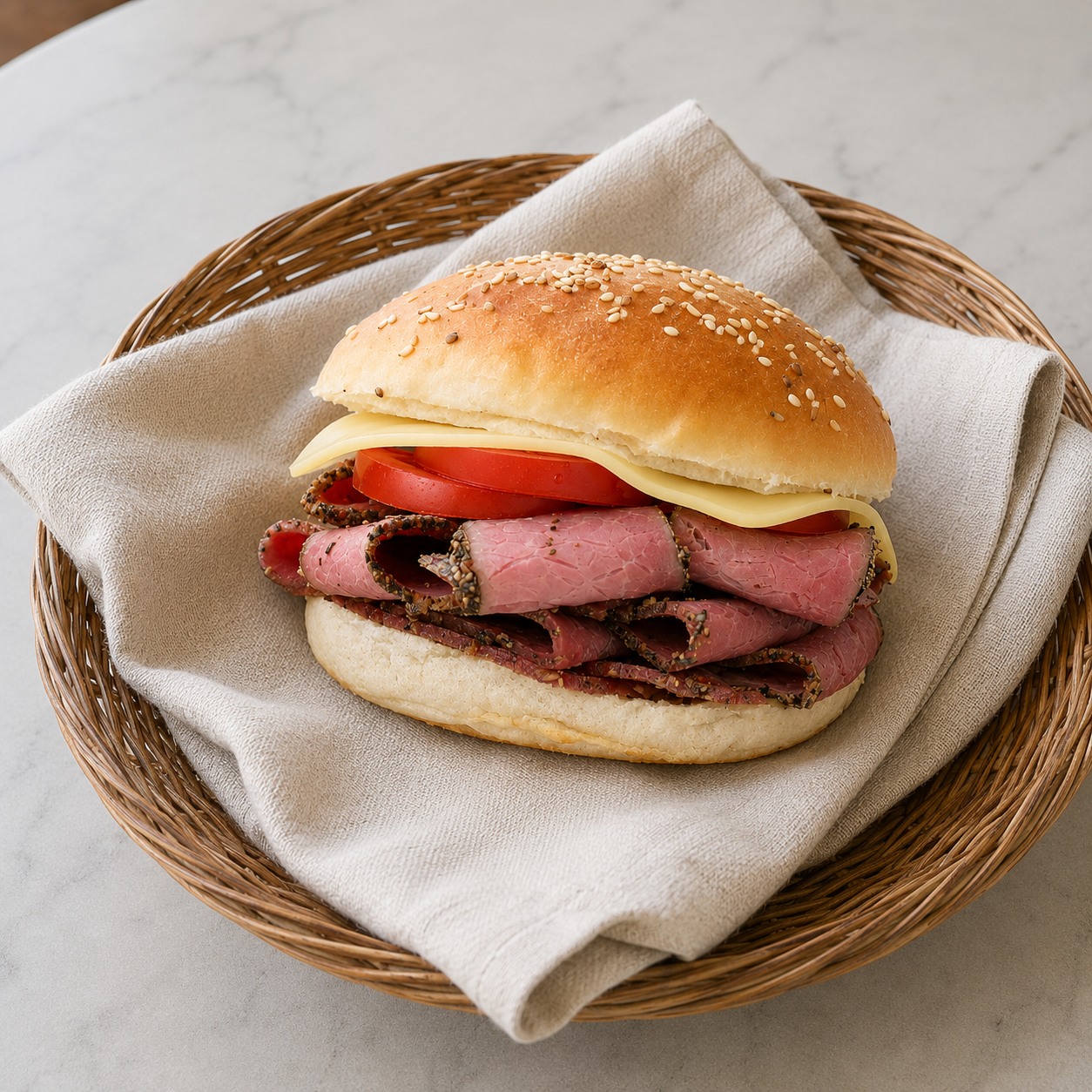 Belegtes Brötchen mit Pastrami